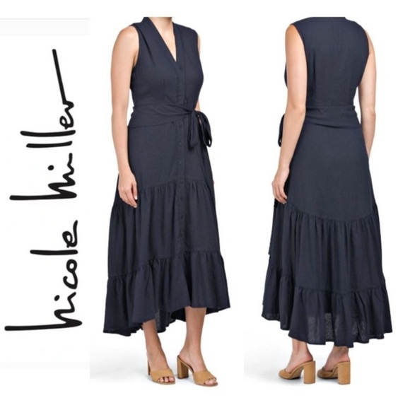 Nicole Miller Linen Blend‎ Eyelet Trim Tiered Maxi Dress Wmn SZ xs Minmalist - Picture 1 of 12